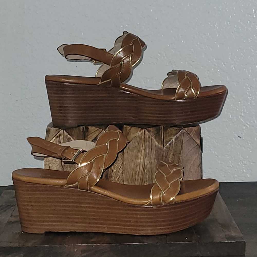 Michael Kors  Brown & Gold Leather Braided Slingback Wedges SZ 37 US 6